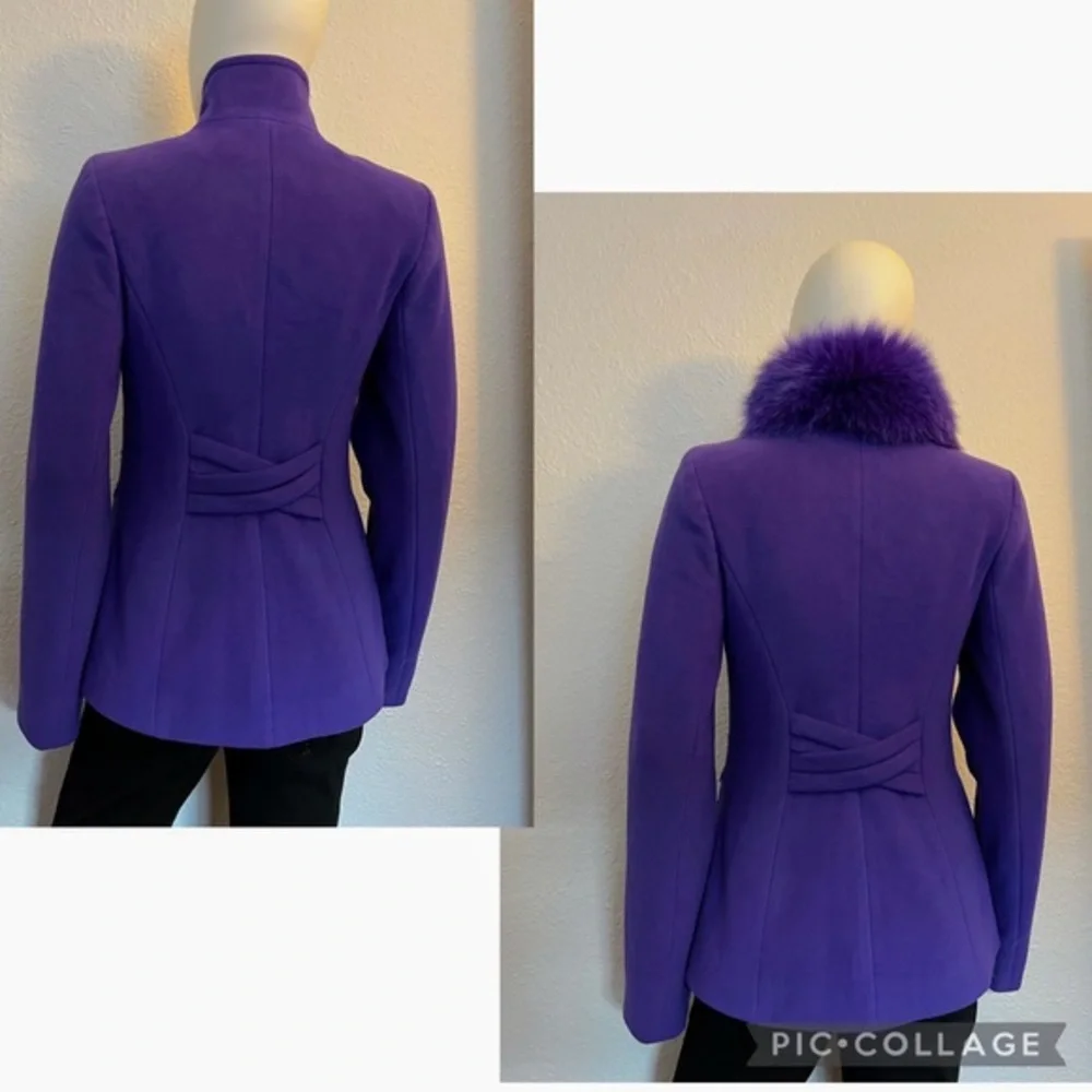 NWT WOMEN SHORT COAT  DYED REAL‎ FUR COLLAR WOOL LINED SINLE-BREASTED JACKET
